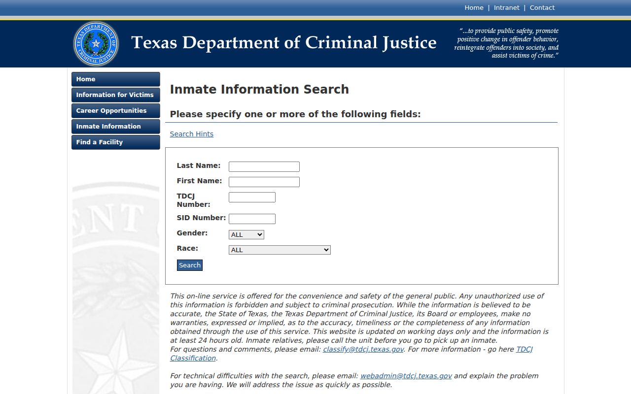 TDCJ Online Inmate Search for Texas state custody records