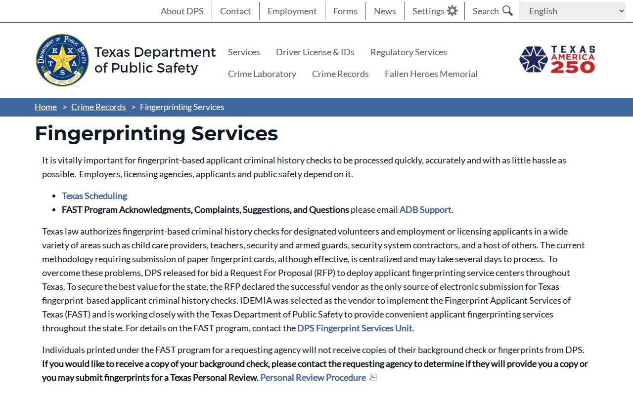 Texas DPS fingerprinting services information for FAST appointments