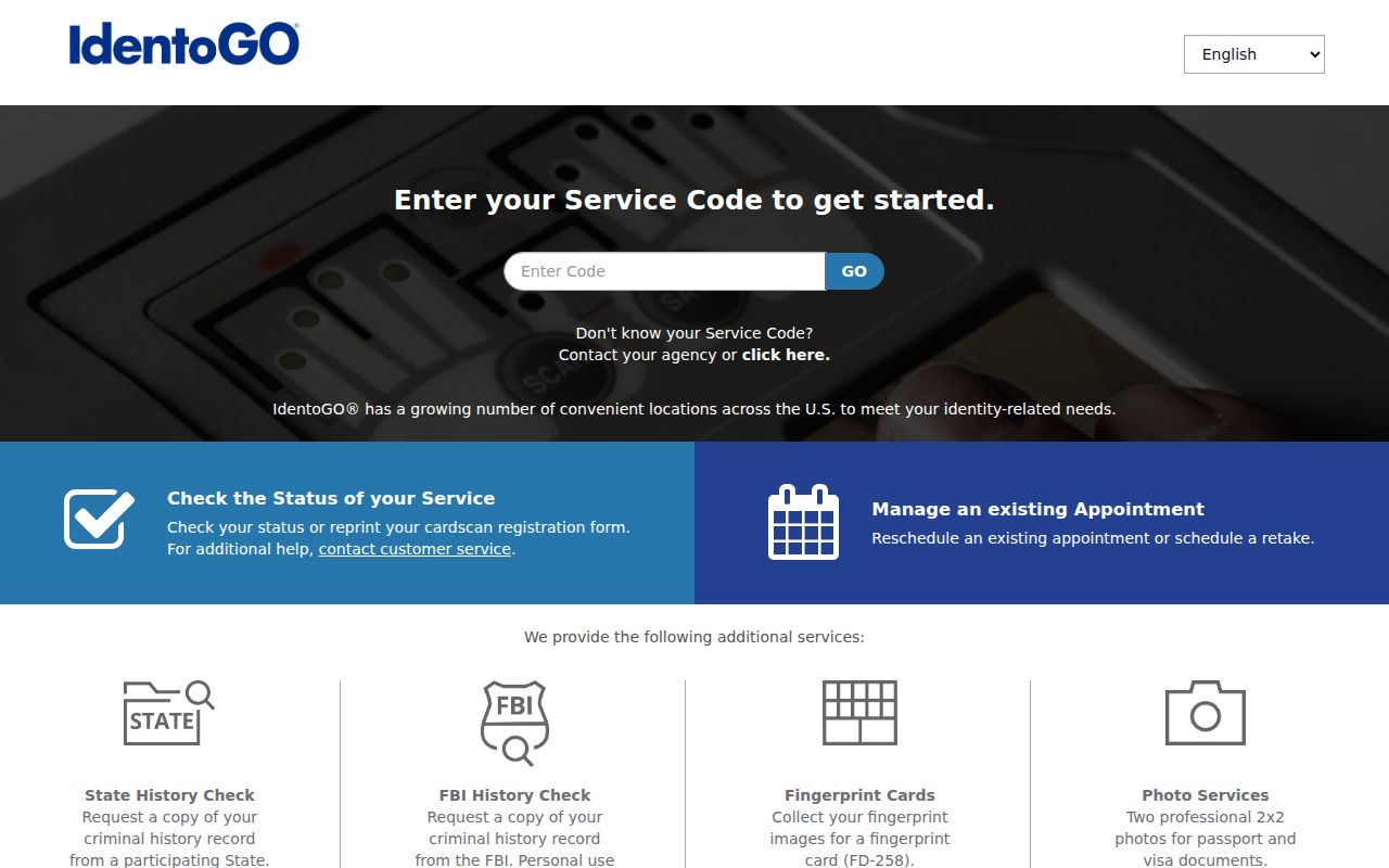 IdentoGO enrollment and fingerprint appointment interface