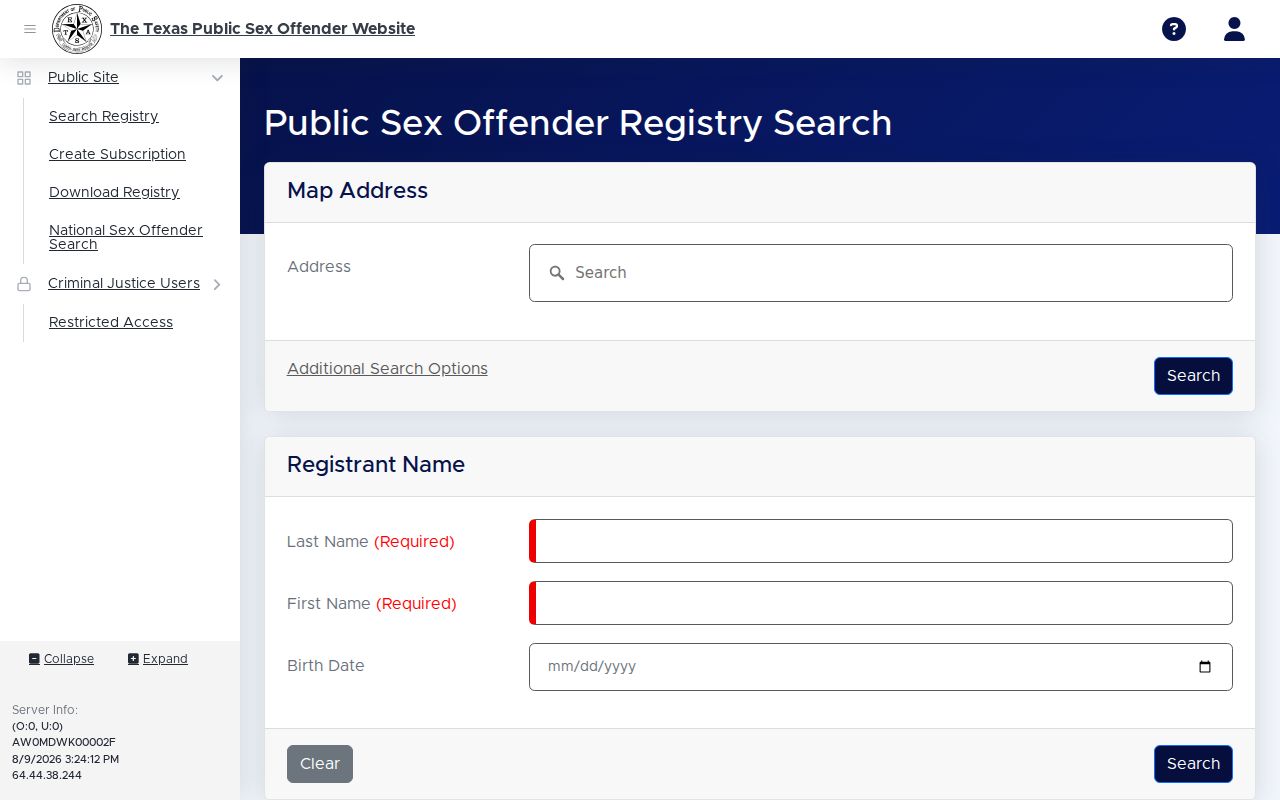 Texas Public Sex Offender Registry search interface