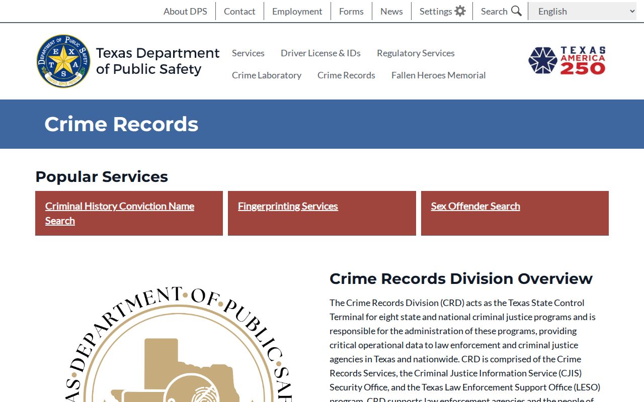 Texas DPS Crime Records Division criminal history page