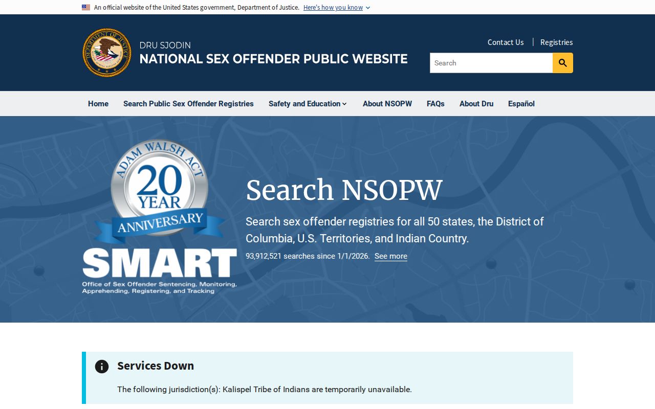 National Sex Offender Public Website search interface for a cross-state registry check