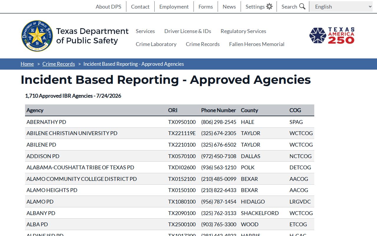 DPS agency codes for Yoakum County arrest records