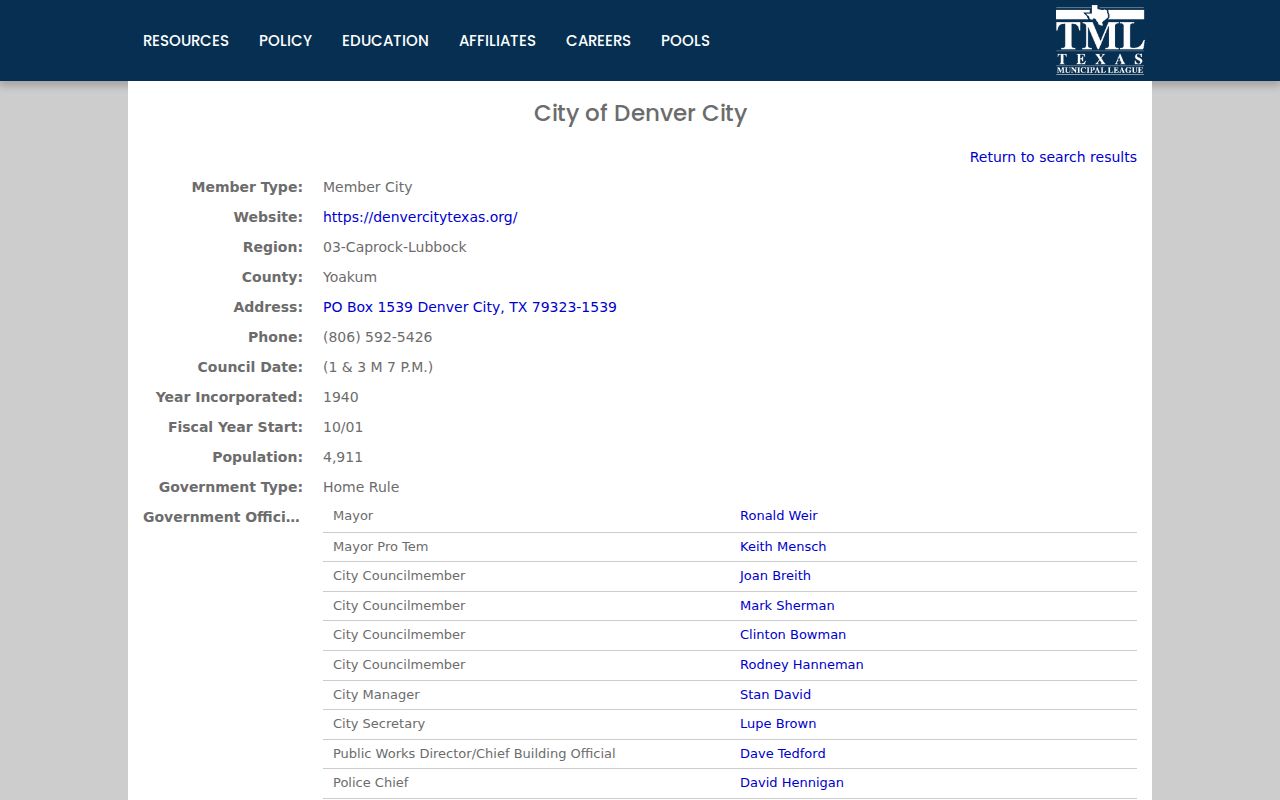 Denver City criminal records source in the Texas Municipal League directory